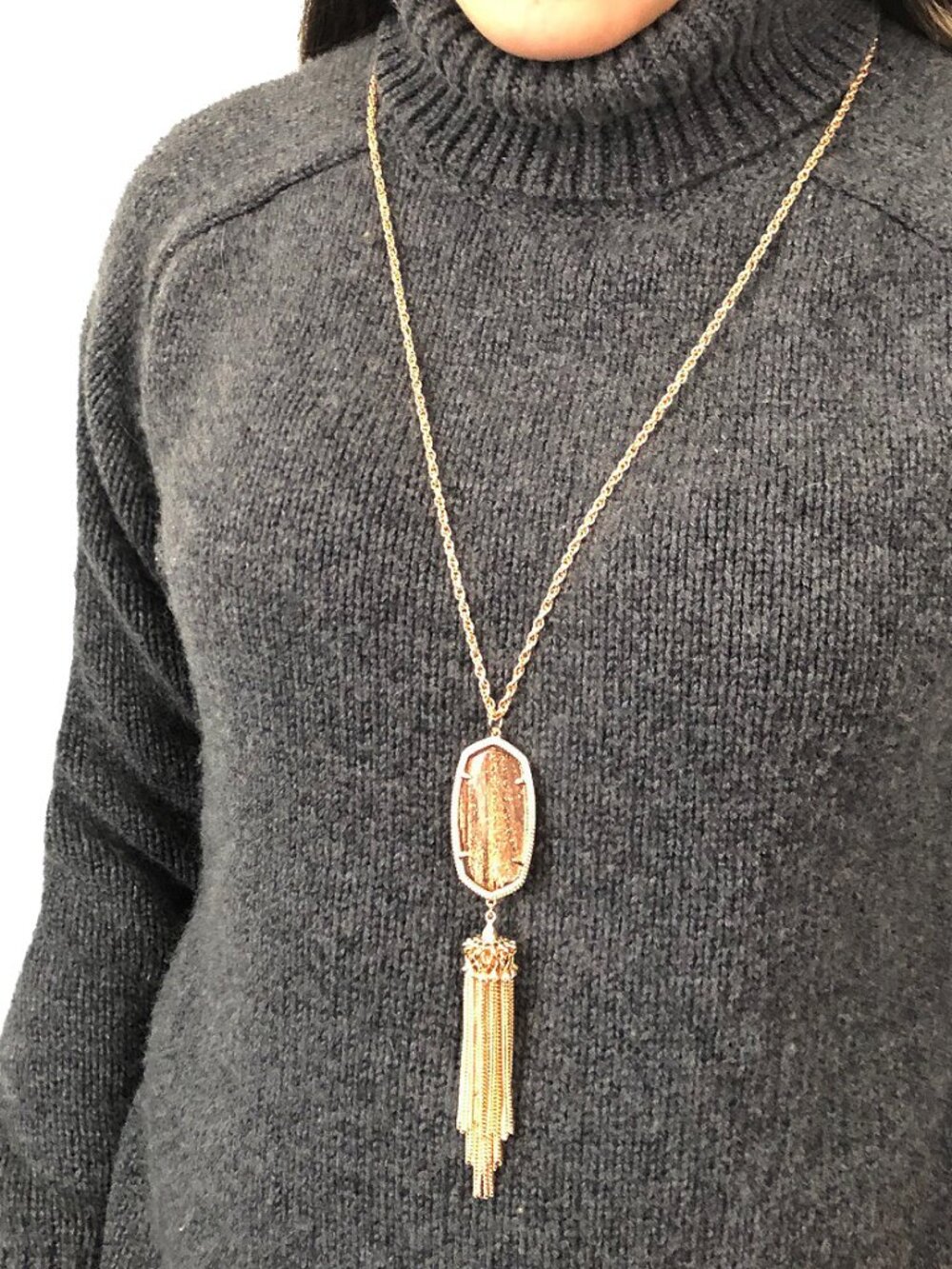 NEW! Kendra Scott Rayne 14k Rose Gold Dust Glass Long Necklace Tassel & Dust Bag